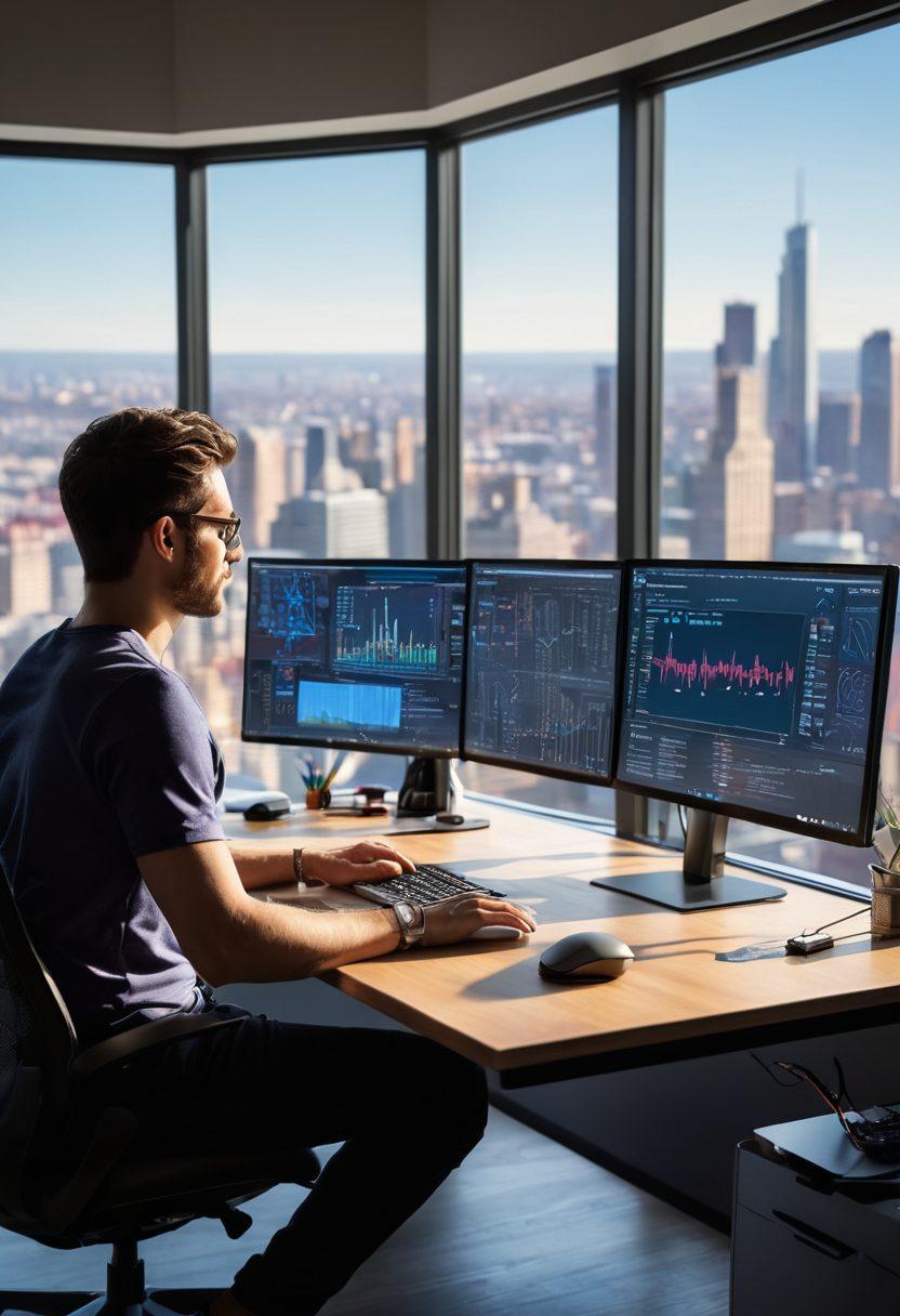 A developer working at a sleek computer desk, surrounded by various tools for coding and deployment, with an EJB architecture diagram on the screen. The background features a large window showing a cityscape, symbolizing growth and progress. Elements like code snippets, gears, and clouds representing deployment are scattered around, merging creativity and technology. vibrant colors. super-realistic.