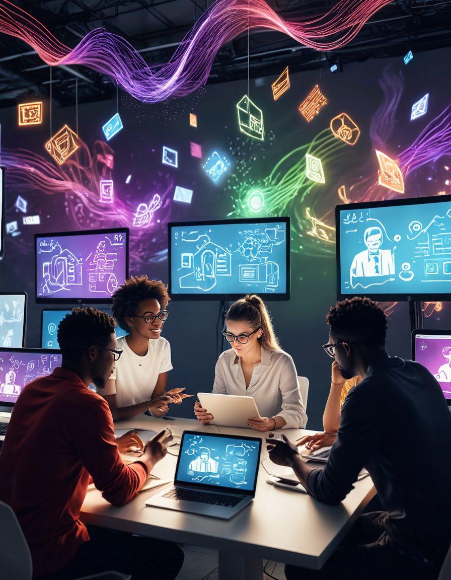 A captivating scene showcasing a diverse group of individuals engaged in a lively storytelling session, surrounded by digital devices and vibrant screens displaying EJB technology visuals. The atmosphere is dynamic, with a blend of creativity and technology, featuring ethereal light effects symbolizing inspiration and connection. Include elements like laptops, tablets, and abstract icons representing the digital storytelling process. super-realistic. vibrant colors. white background.