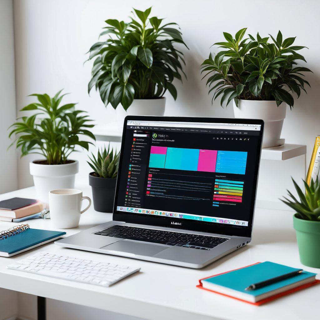 A modern workspace scene featuring a laptop displaying an animated online journal interface filled with colorful Java components. Show engaging visuals of dynamic charts, user interactions, and vibrant code snippets floating around. Include a stylish desk with creative stationery and a potted plant, emphasizing a tech-savvy and inspiring atmosphere. super-realistic. vibrant colors. clean white background.